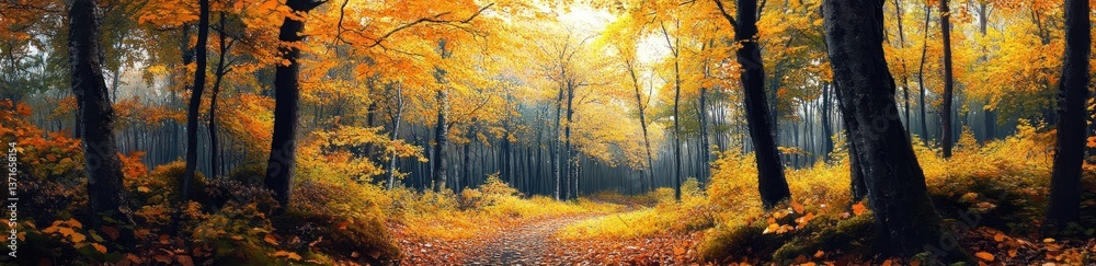 Fototapeta premium Vibrant Autumn Forest Pathway Surrounded by Golden Foliage and Tranquil Atmosphere