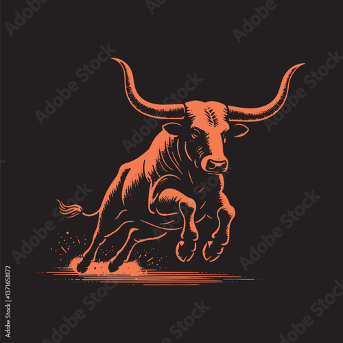 Texas Longhorn Cattle Vector Illustration – Vintage Retro Logo Design on Black Background
