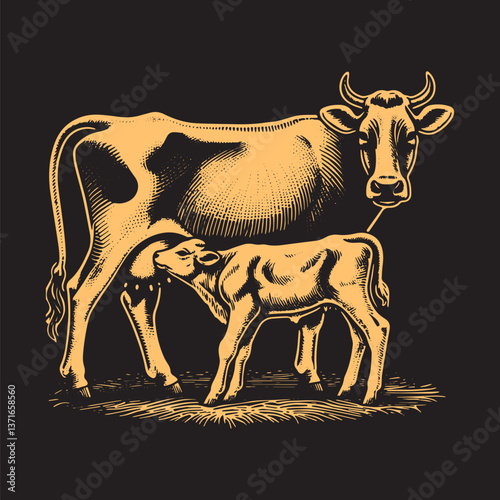 Jersey Cow Vector Illustration – Vintage Retro Logo Design on Black Background