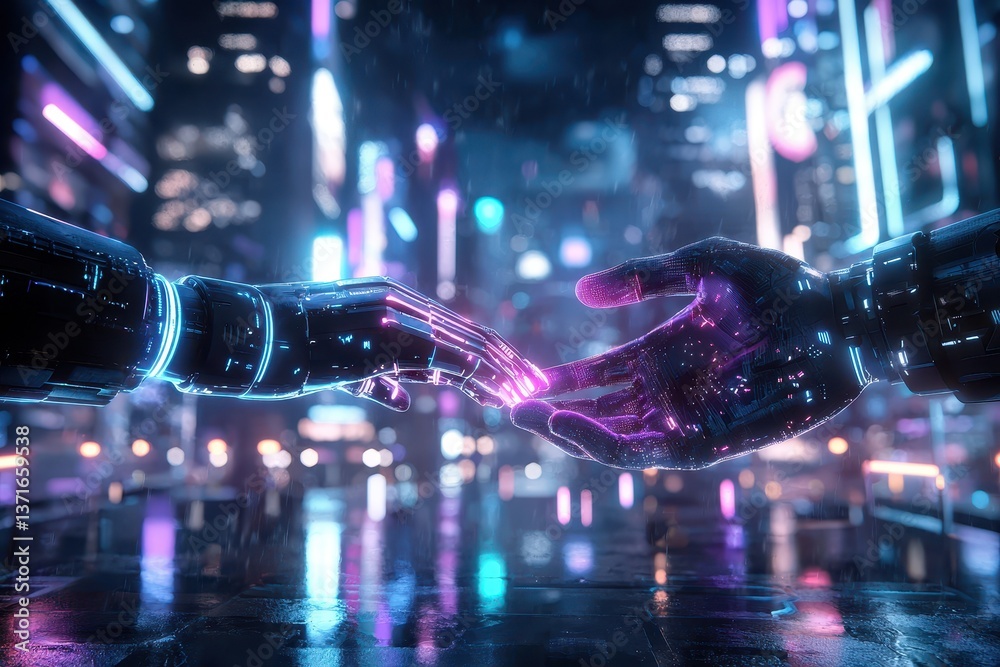Cybernetic touch: Two robotic hands reach out, illuminated against a futuristic city backdrop, hinting at connection.