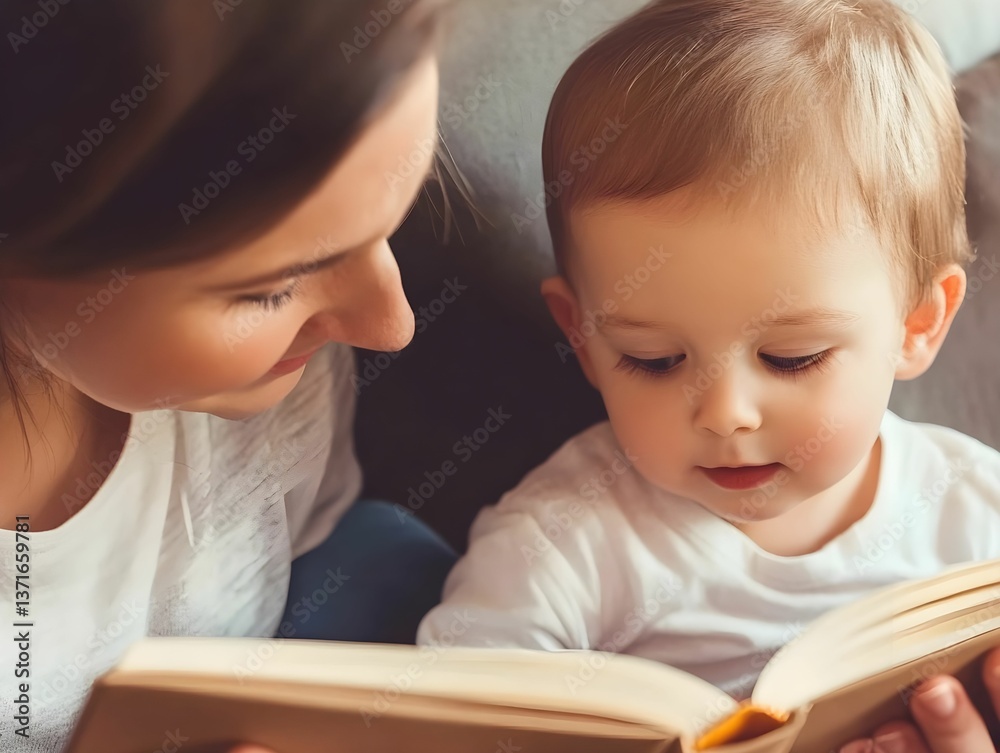 Mother reading storybook, cuddling infant son with warm smile, creating intimate learning connection in soft-lit home interior Mother reading storybook, cuddling infant son with warm smile, creating intimate learning connection in soft-lit home interior