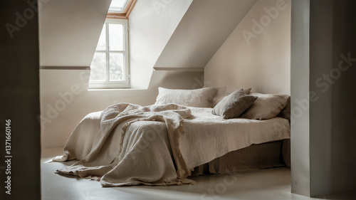 Fotografía Cozy bedroom with textured beige bedding and natural light streaming through a d