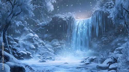 Fototapeta Naklejka Na Ścianę i Meble -  A frozen waterfall in a mystical ice kingdom, sparkling under the northern lights