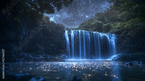 Fototapeta Naklejka Na Ścianę i Meble -  A waterfall where the water appears to be made of stars, glowing softly in the night