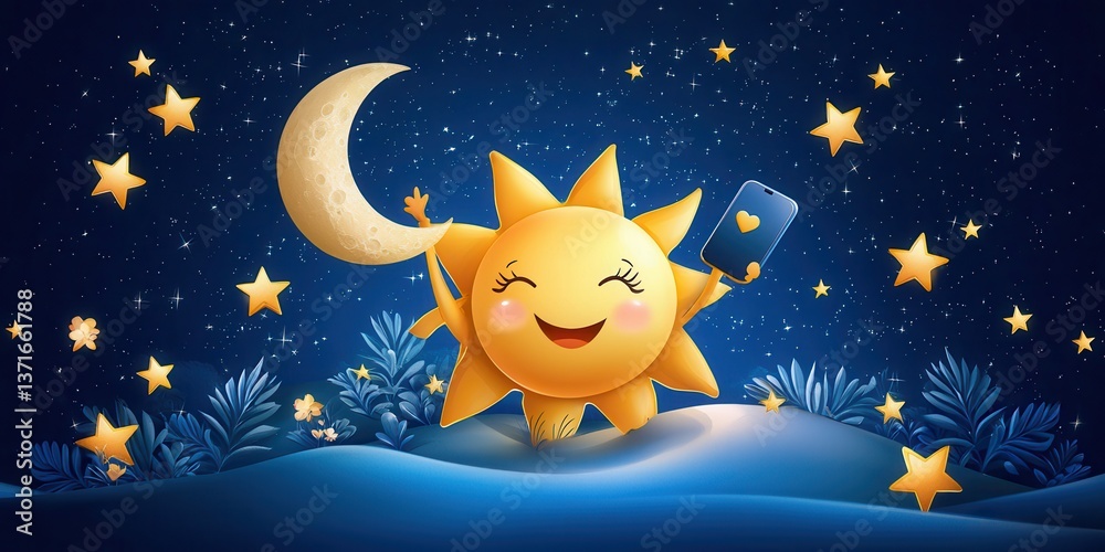 custom made wallpaper toronto digitalCartoon sun taking a selfie with the moon under a starlit sky, creating a whimsical and joyful scene.