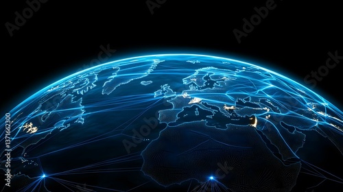 The image shows a stylized, glowing blue digital representation of the Earth, focusing on Europe and surrounding areas.  Connecting lines illustrate global networks and data flow.