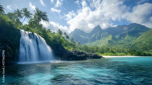 Fototapeta Naklejka Na Ścianę i Meble -  A stunning waterfall on a remote island, with white sandy beaches in the background