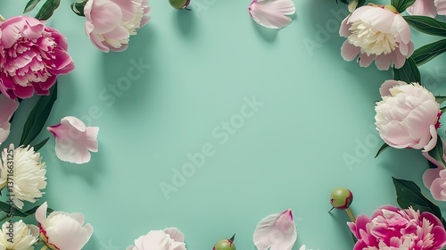 Spring peonies concept. Above vertical view photo of empty space surrounded by pink and white peonies,  