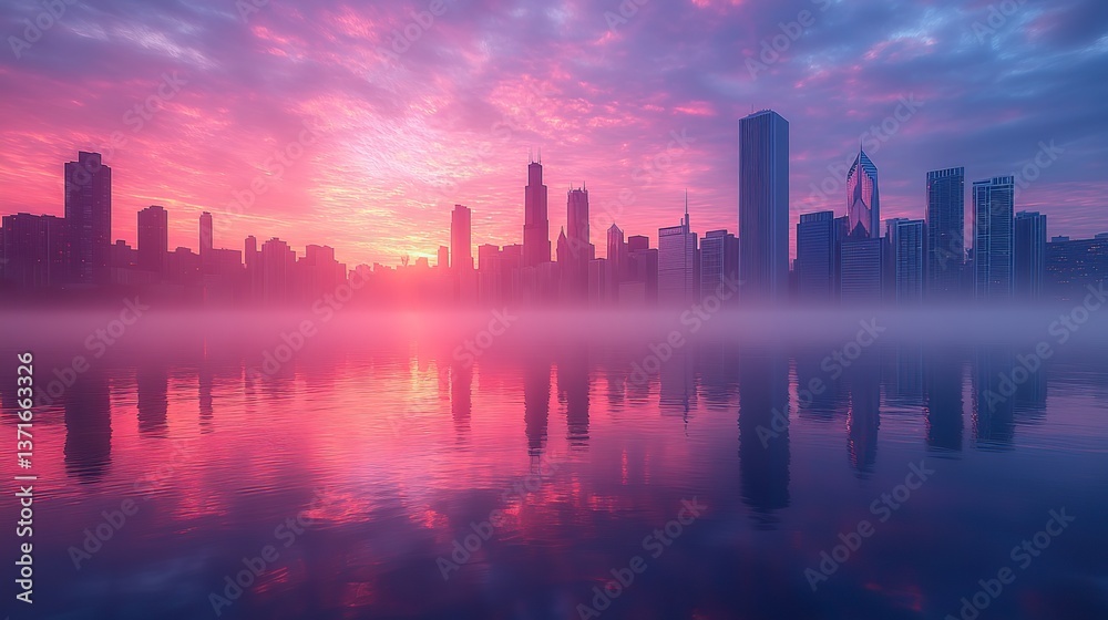 Obraz premium The Chicago skyline reflects on Lake Michigan's calm waters at sunrise, a beautiful, serene scene with pastel colors.