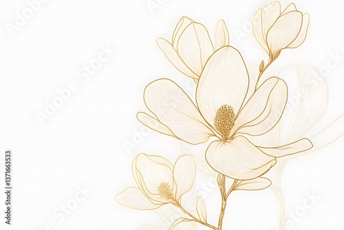 Gold Line Art Magnolia Bouquet on White Background - Minimalist Design