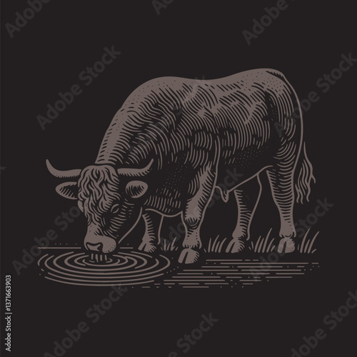 Angus Cattle Vector Illustration – Vintage Retro Logo Design on Black Background