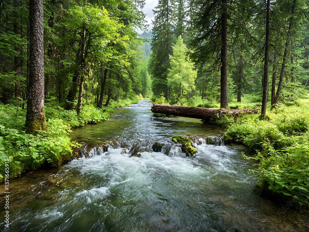Naklejka premium Forest stream with flowing water, and nature.