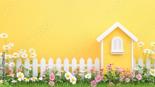 Spring house garden yellow background