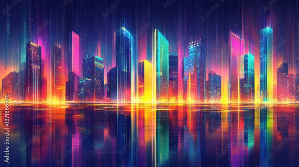 Vibrant Cityscape with Neon Lights and Reflection at Night Vibrant Cityscape with Neon Lights and Reflection at Night