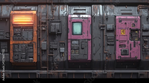 Futuristic Industrial Wall with Control Panels and LED Lights