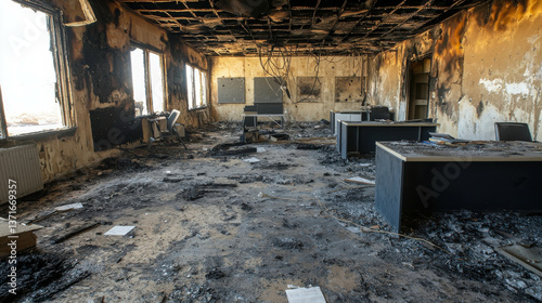 Charred Office Space After Fire Disaster with Burnt Furniture and Ash Covered Floors