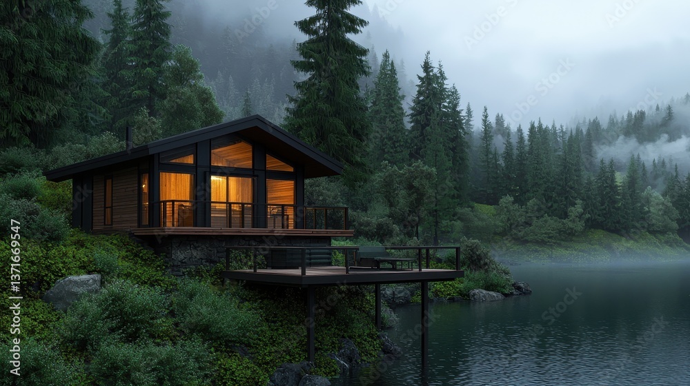 Fototapeta premium A cozy cabin by a tranquil lake surrounded by lush evergreen trees, set against a misty, serene landscape.