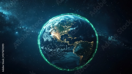 a glowing Earth at night from space, surrounded by sparkling stars and green energy rings, symbolizing sustainability and global unity