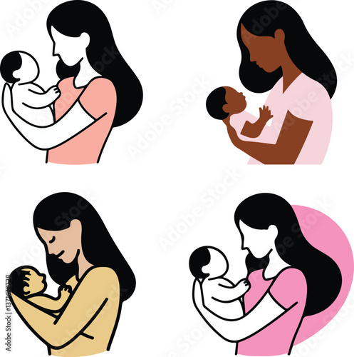 Set of A mother hugs her baby's.