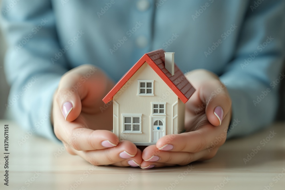 Female hands gently holding miniature house model with red roof, soft realistic style, indoor blurred background. Concept of home security. Ai generative Female hands gently holding miniature house model with red roof, soft realistic style, indoor blurred background. Concept of home security. Ai generative