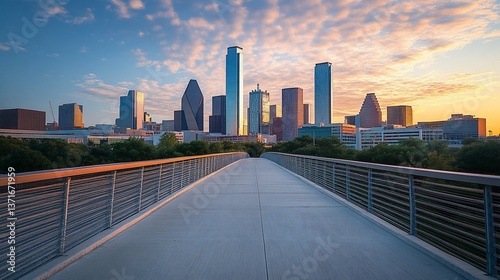 Dallas Skyline at Golden Hour: A Serene Walkway View of the Cityscape