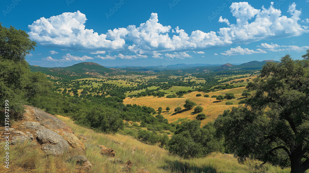 Fototapeta premium rolling hills landscape with scattered trees, landscape with mountains and clouds