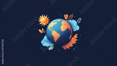 minimalist flat Earth icon with leaves, clouds, and sun elements, created in a modern vector art style, ideal for digital and print Earth Day materials