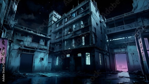 ゲーム背景　治安の悪い悪の組織の巣窟になっている廃墟ビルの風景