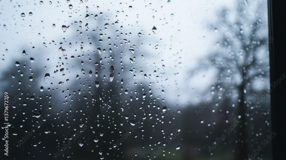 moody scene of overcast weather viewed through a window covered in raindrops, with soft natural light moody scene of overcast weather viewed through a window covered in raindrops, with soft natural light
