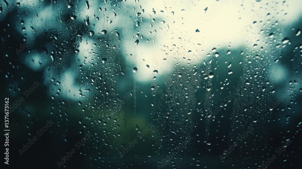 Obraz premium moody scene of overcast weather viewed through a window covered in raindrops, with soft natural light