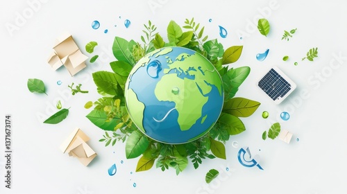 a stylized Earth globe surrounded by green leaves and eco-friendly icons like recycling symbols, water droplets, and solar panels, on a clean white background