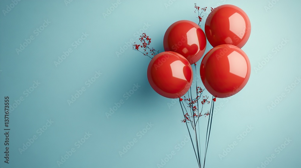 Three red balloons float on a minimalist light blue background, a simple yet captivating visual perfect for celebrations or adding joy. Three red balloons float on a minimalist light blue background, a simple yet captivating visual perfect for celebrations or adding joy.