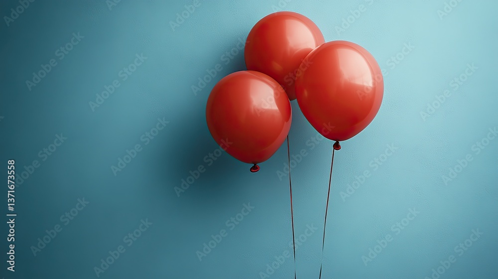 Three red balloons float on a minimalist light blue background, a simple yet captivating visual perfect for celebrations or adding joy.