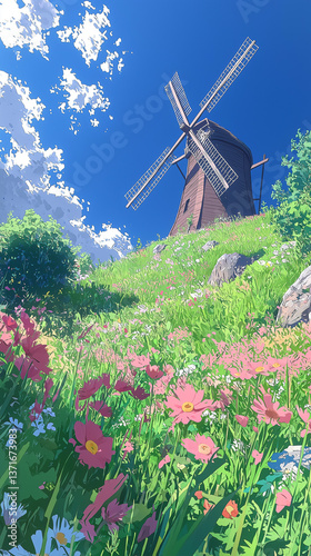 serene windmill landscape with wildflowers, windmill in the field of flowers