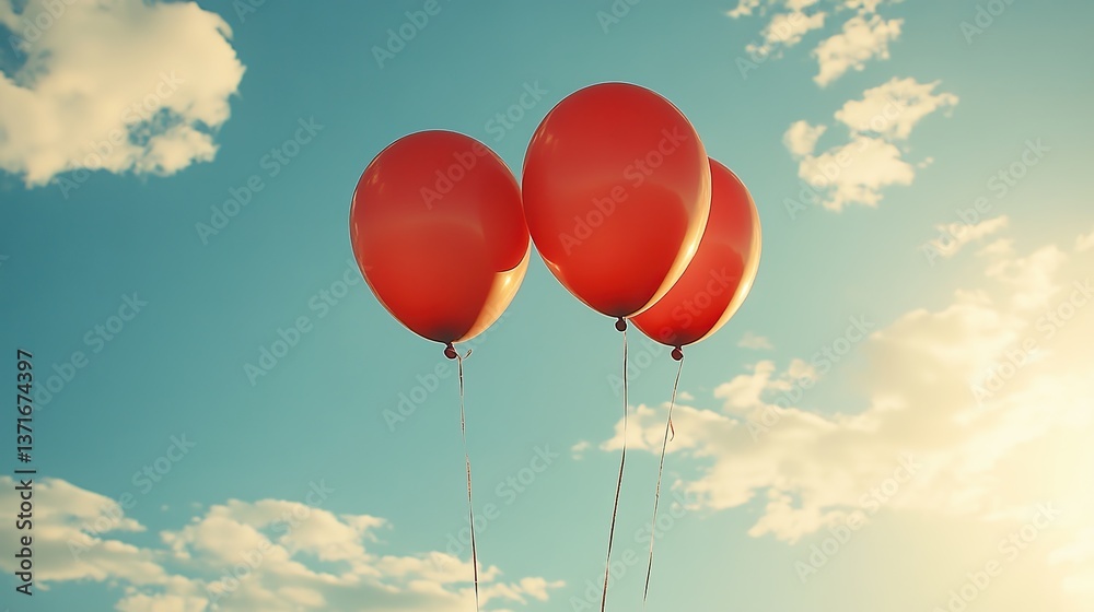 Fototapeta premium Three vibrant red balloons gracefully float against a serene blue sky, a simple yet captivating image of joy and celebration.