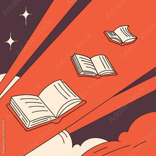 Floating Books in Magical Light Against Abstract Background  