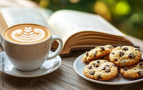Comforting break with open book, aromatic cappuccino and chocolate chip cookies