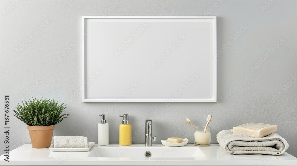A white rectangular frame in a minimalist bathroom, hung above the sink with towels, soap, and a small potted plant. HD 8K mockup wallpaper Photographic Image
A white rectangular frame in a minimalist bathroom, hung above the sink with towels, soap, and a small potted plant. HD 8K mockup wallpaper Photographic Image
