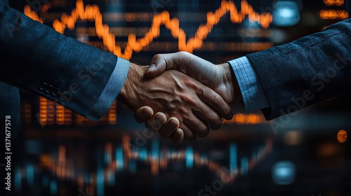 Two businessmen shake hands in front of a stock market chart, symbolizing a successful deal in the financial world.