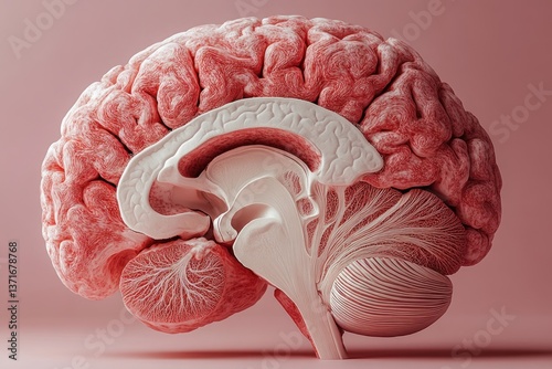 Human Brain Anatomy Frontal Lobe Cross Section Illustration 3D Render with Vibrant Red Colors and Soft Lighting