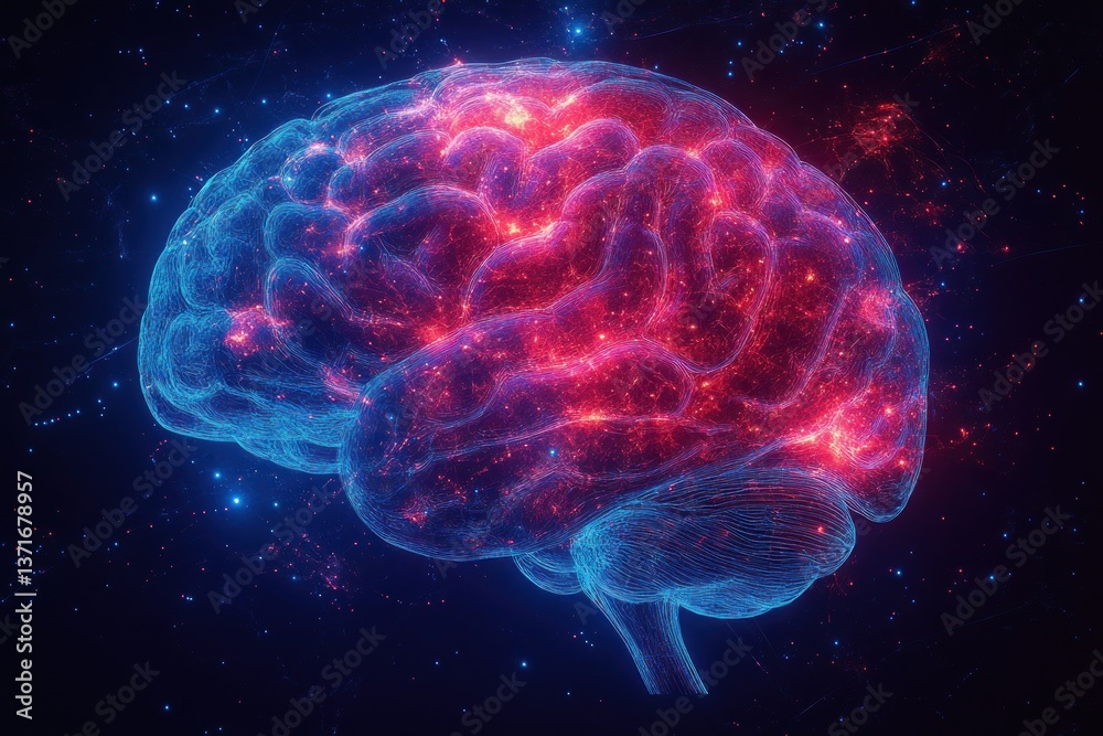 X-ray Style Illustration of Human Brain with Neon Blue Glowing Outlines Profile View of Midbrain and Mesencephalon 3D Rendering X-ray Style Illustration of Human Brain with Neon Blue Glowing Outlines Profile View of Midbrain and Mesencephalon 3D Rendering