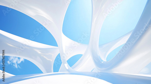 3D beautiful geometry abstract sphere twisted minimalist waved curved white architecture sky fashion background. product display scene 