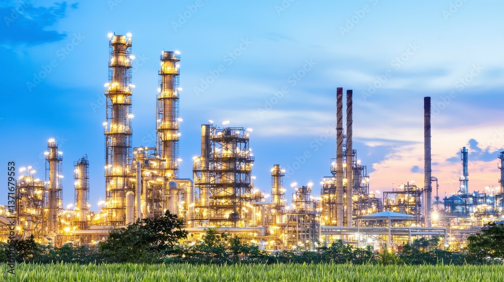 Fototapeta premium Illuminated Industrial Refinery at Twilight