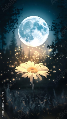 daisy Macro shot of spring nature up close a mystical and serene night scene where a single 
