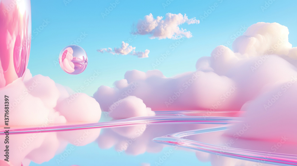 3D cloudscape cartoon dreamy cute clouds in sky pink blue gradient floating balls on water abstract curve wallpaper fashion party music relaxing product display romantic background 3D cloudscape cartoon dreamy cute clouds in sky pink blue gradient floating balls on water abstract curve wallpaper fashion party music relaxing product display romantic background