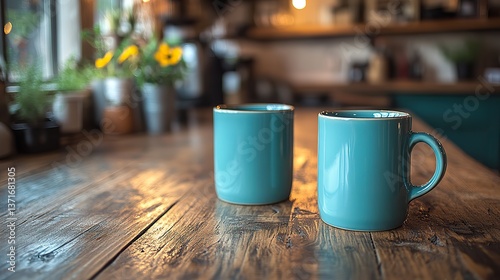 Two empty pastel green coffee mugs sit on a wooden counter, ready for a hot drink.