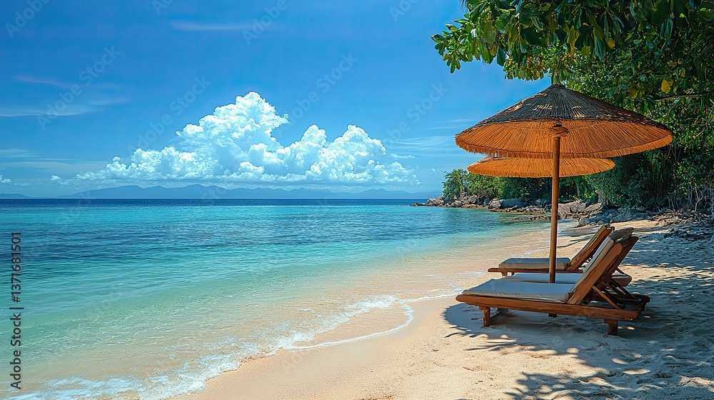 Naklejka premium Two empty sunbeds and a parasol on a sandy beach overlook a calm ocean under a blue sky.
