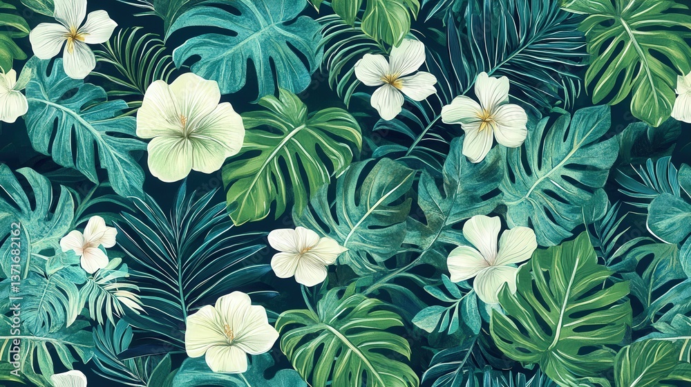 Tropical Leaves and Flowers Pattern with Lush Green Background Tropical Leaves and Flowers Pattern with Lush Green Background