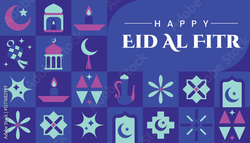 Eid Al Fitr seamless pattern in scandinavian style postcard flat geometric islamic ornament