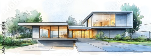 Sketch and Plan of a Modern Minimalist House in Scandinavian Design